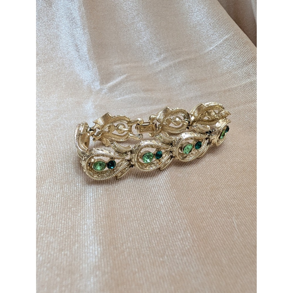 Vintage Coro‎ Gold Tone Green Rhinestone Link Bracelet Art Nouveau Style 7.25in